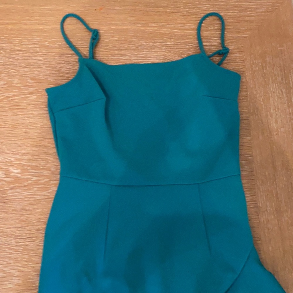 Teal ruffled high low spaghetti strap dress